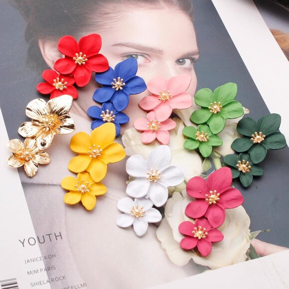 Women's White Elegant Double Flowers Dangle Layered Floral Petal Drop Earring - Picture 6 of 6